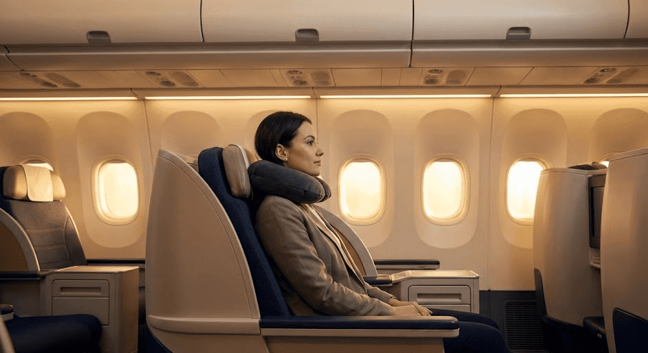 Voyageur confortable en avion évitant les douleurs cervicales avec une bonne posture et un oreiller de voyage